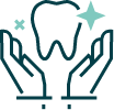 Two hands holding a sparkling tooth icon